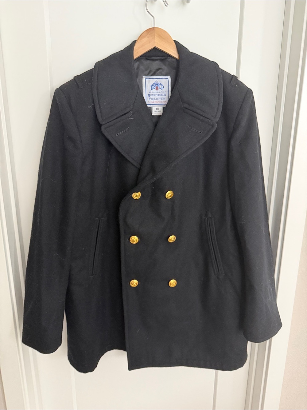 Men's Black Double-Breasted Pea Coat with Gold Buttons